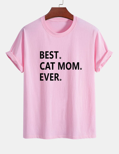 Regular Fit Best Cat Mom Ever Print Cotton T-Shirt