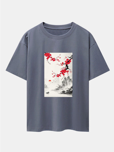 Flower Ink Landscape Print Drop Shoulder Oversize T-Shirt
