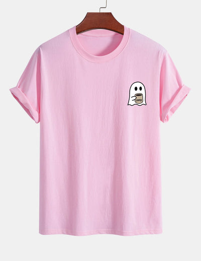 Regular Fit Ghost Drinking Coffee Print Cotton T-Shirt