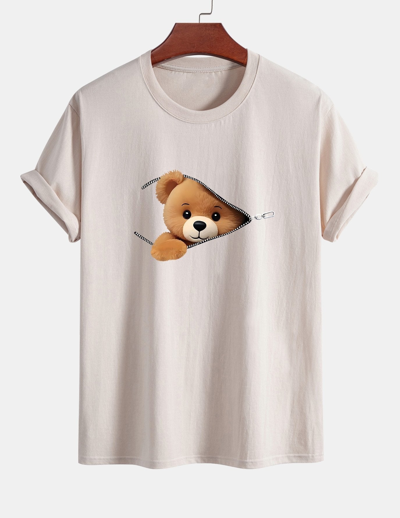 Regular Fit Zipper Bear Print Cotton T-Shirt