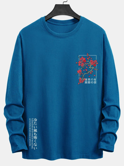 Long Sleeve Cherry Blossom Slogan Print Cotton T-Shirt