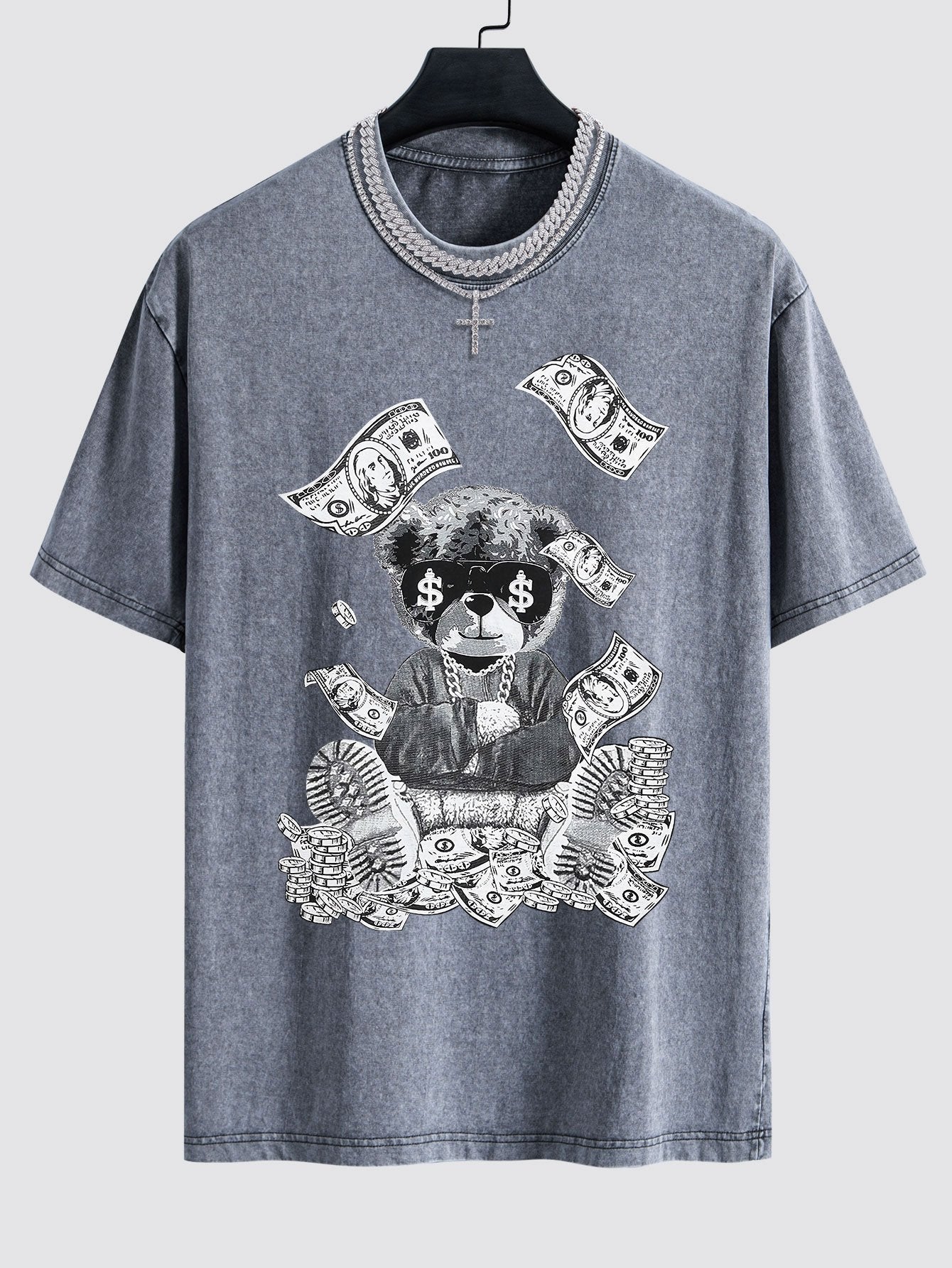 Money Bear Print Washed Drop Shoulder Oversize T-Shirt