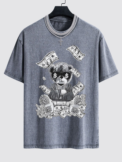 Money Bear Print Washed Drop Shoulder Oversize T-Shirt