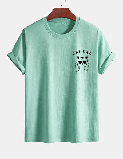 Regular Fit Cat Dad Wearing Glasses Print Cotton T-Shirt