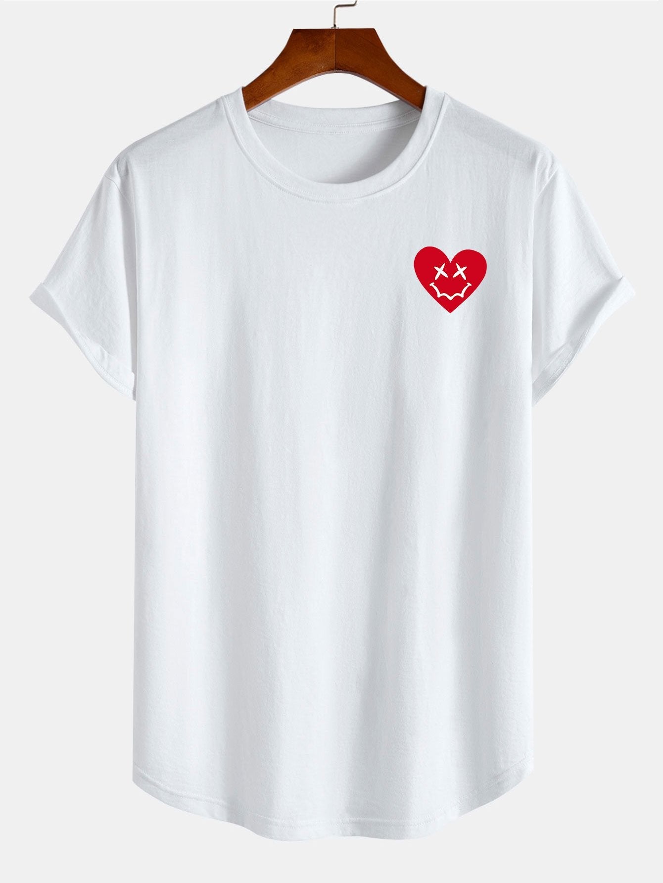 Heart Smiley Face Print Cotton Arc Hem T-Shirt