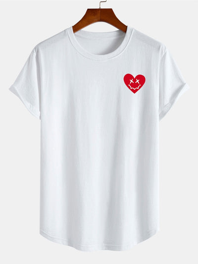 Heart Smiley Face Print Cotton Arc Hem T-Shirt