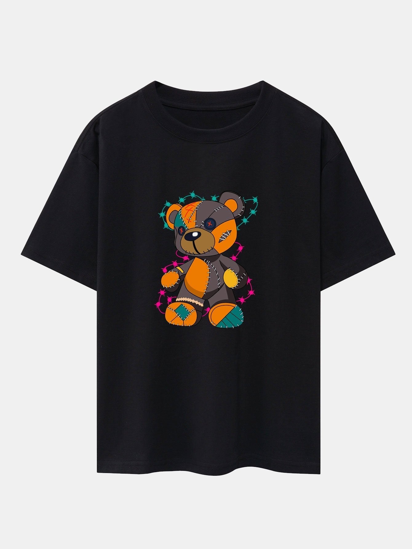 Tattered Bear Print Drop Shoulder Oversize T-Shirt