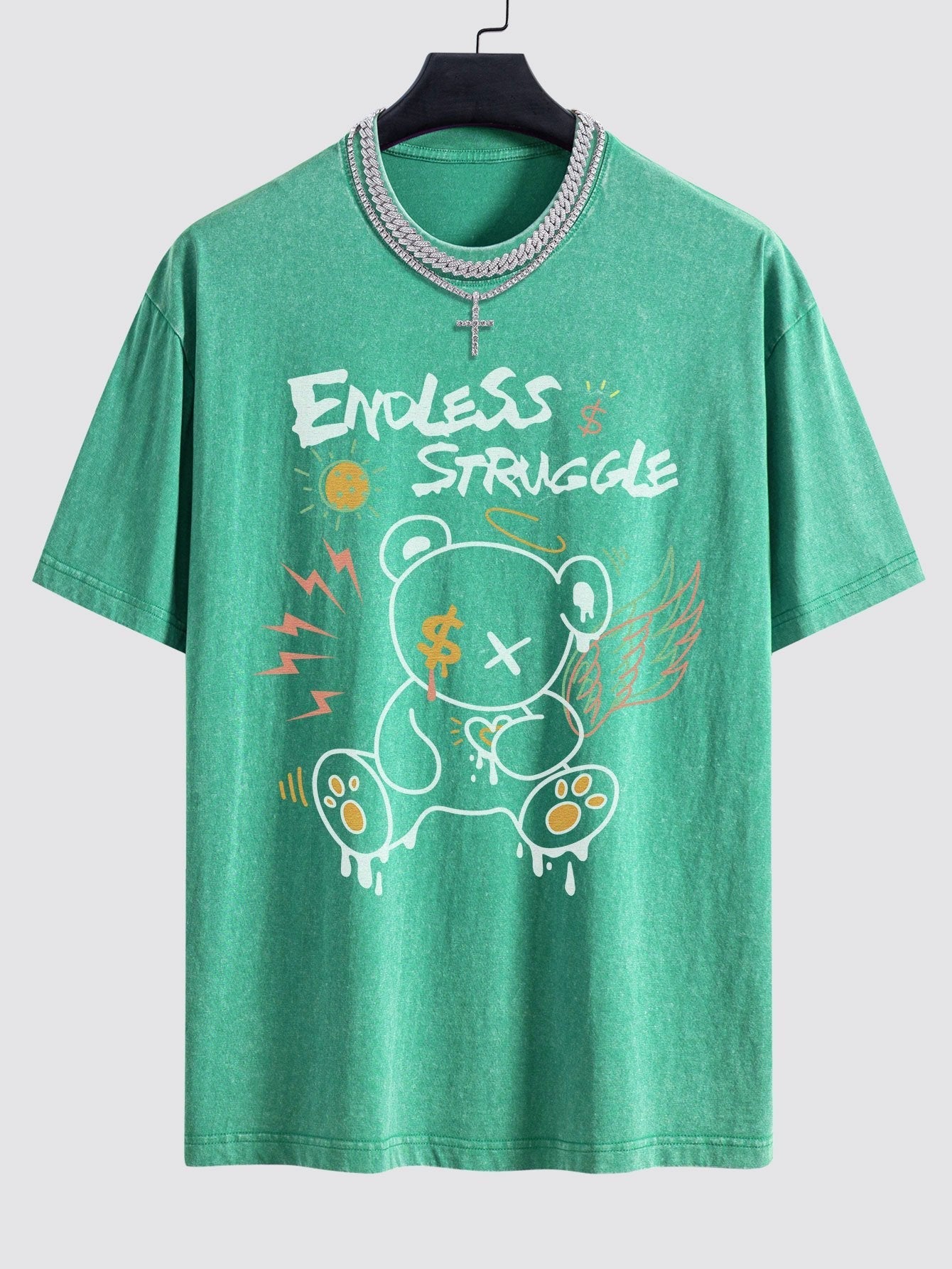 Graffiti Bear Print Washed Drop Shoulder Oversize T-Shirt