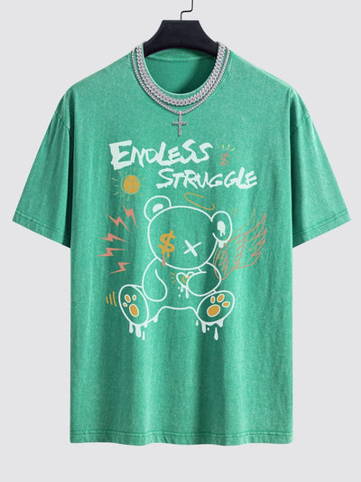 Graffiti Bear Print Washed Drop Shoulder Oversize T-Shirt