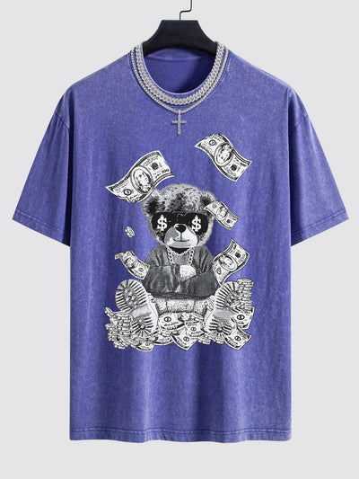 Money Bear Print Washed Drop Shoulder Oversize T-Shirt