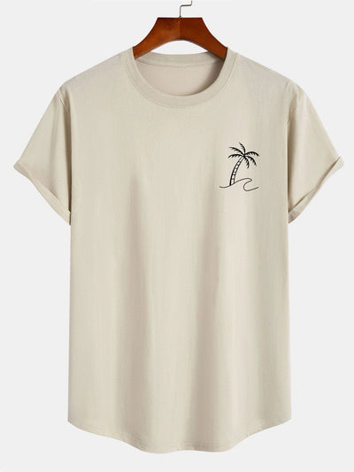 Palm Tree Print Cotton Arc Hem T-Shirt