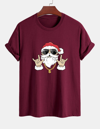 Regular Fit Hip Hop Santa Print Cotton T-Shirt