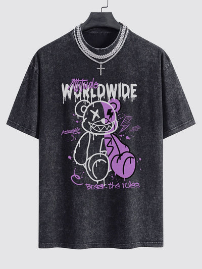 Dissolving Bear Print Washed Drop Shoulder Oversize T-Shirt