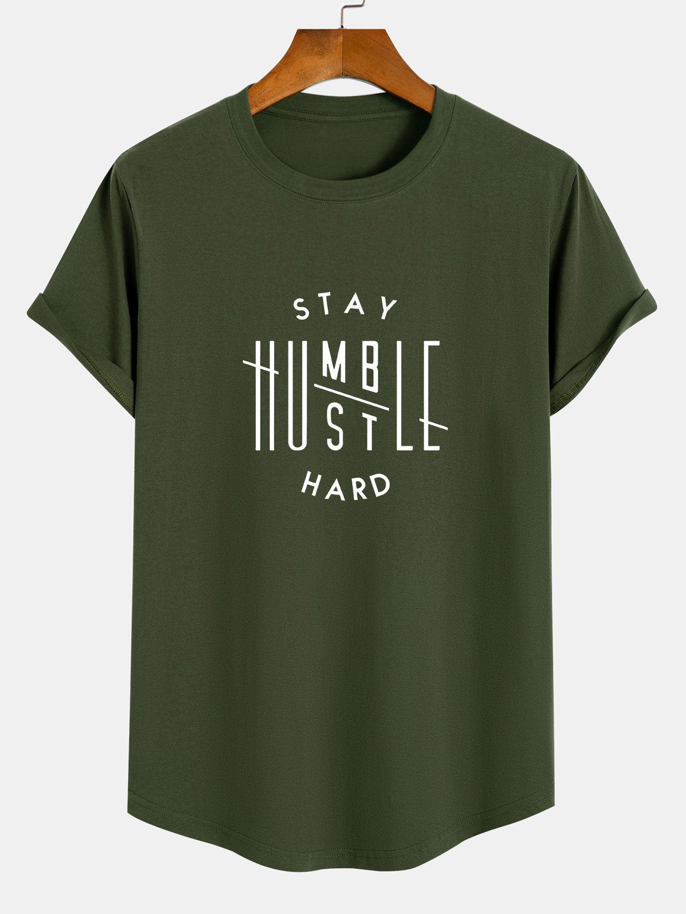 Stay Humble Hustle Hard Print Cotton Arc Hem T-Shirt
