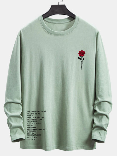 Long Sleeve Slogon Rose Print Cotton T-Shirt