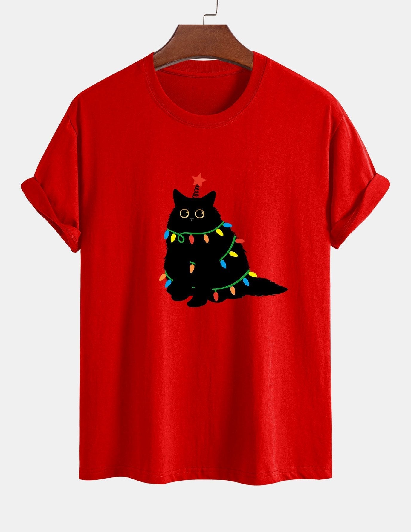 Regular Fit Colorful Light Black Cat Print Cotton T-Shirt