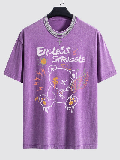 Graffiti Bear Print Washed Drop Shoulder Oversize T-Shirt