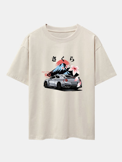 Tokyo Cherry Blossoms Car Print Drop Shoulder Oversize T-Shirt