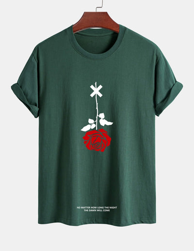 Regular Fit Inverted Rose Slogan Print Cotton T-Shirt