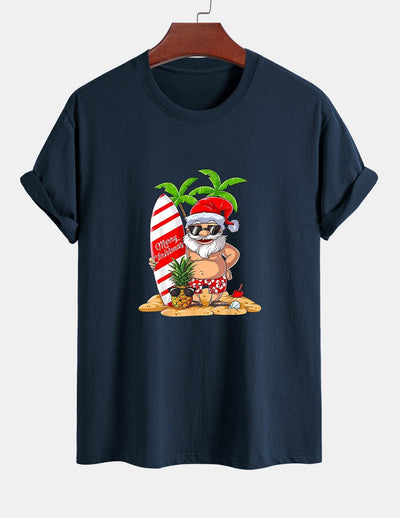 Regular Fit Summer Beach Santa Print Cotton T-Shirt