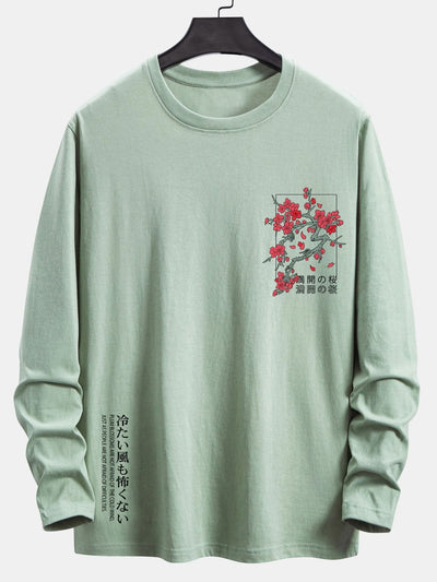 Long Sleeve Cherry Blossom Slogan Print Cotton T-Shirt