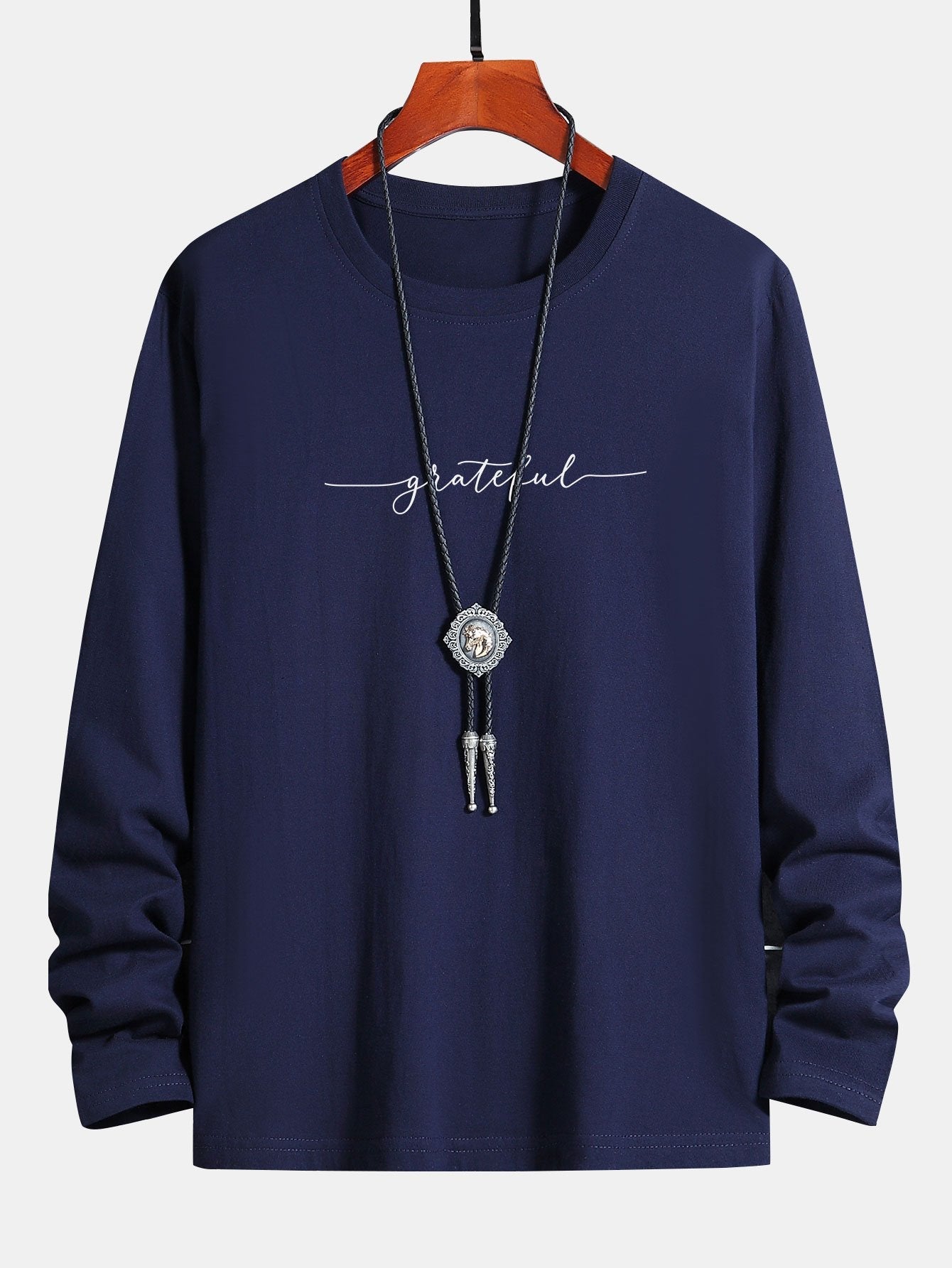 Long Sleeve Grateful Print Cotton T-Shirt