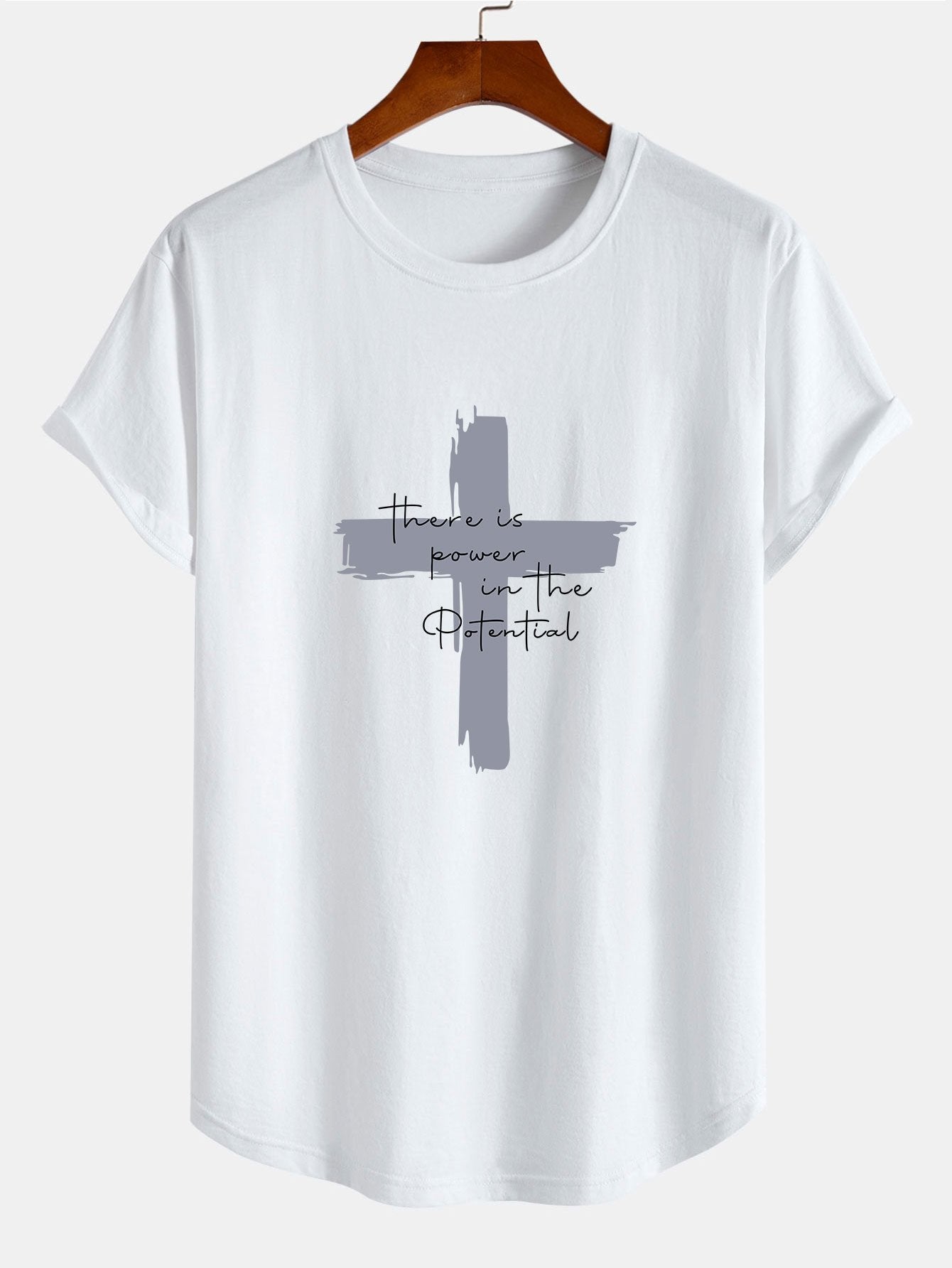 Cross Slogan Print Cotton Arc Hem T-Shirt