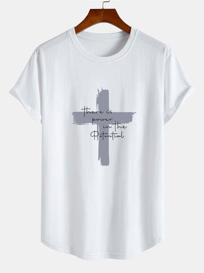 Cross Slogan Print Cotton Arc Hem T-Shirt