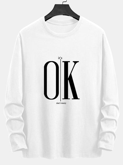 Long Sleeve OK Slogan Print Cotton T-Shirt