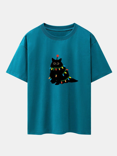 Christmas Lights Black Cat Print Drop Shoulder Oversize T-Shirt