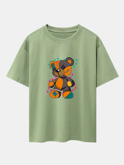 Tattered Bear Print Drop Shoulder Oversize T-Shirt