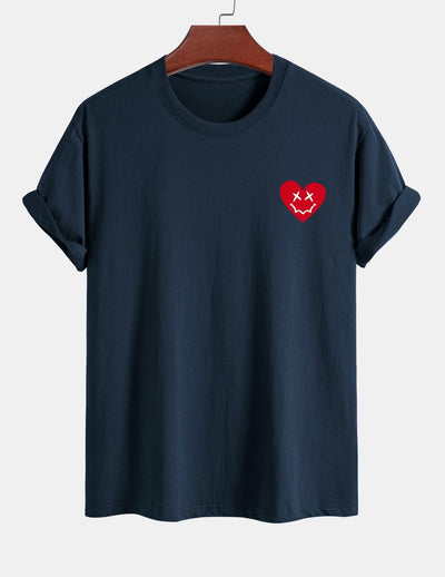 Regular Fit Heart Smiley Face Print Cotton T-Shirt