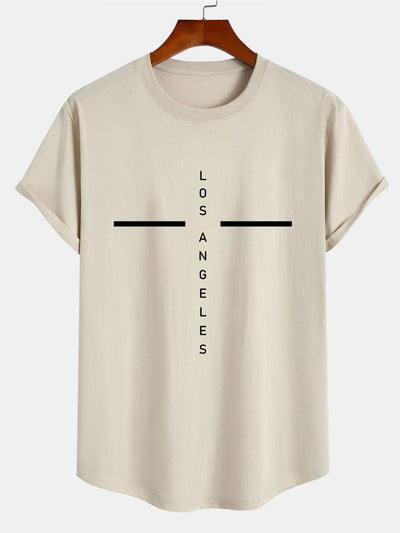 Stripe Los Angeles Print Cotton Arc Hem T-Shirt
