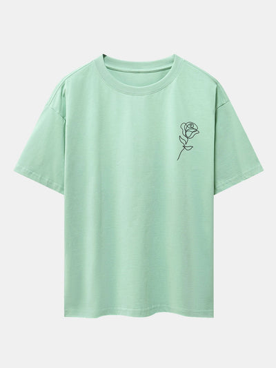 Simple Rose Print Drop Shoulder Oversize T-Shirt
