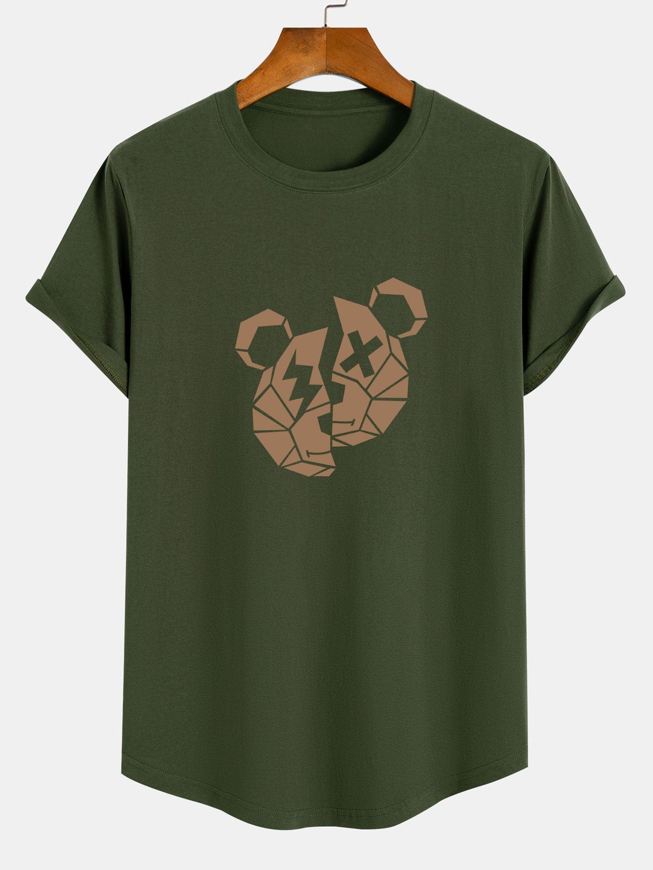Geometric Bear Print Cotton Arc Hem T-Shirt