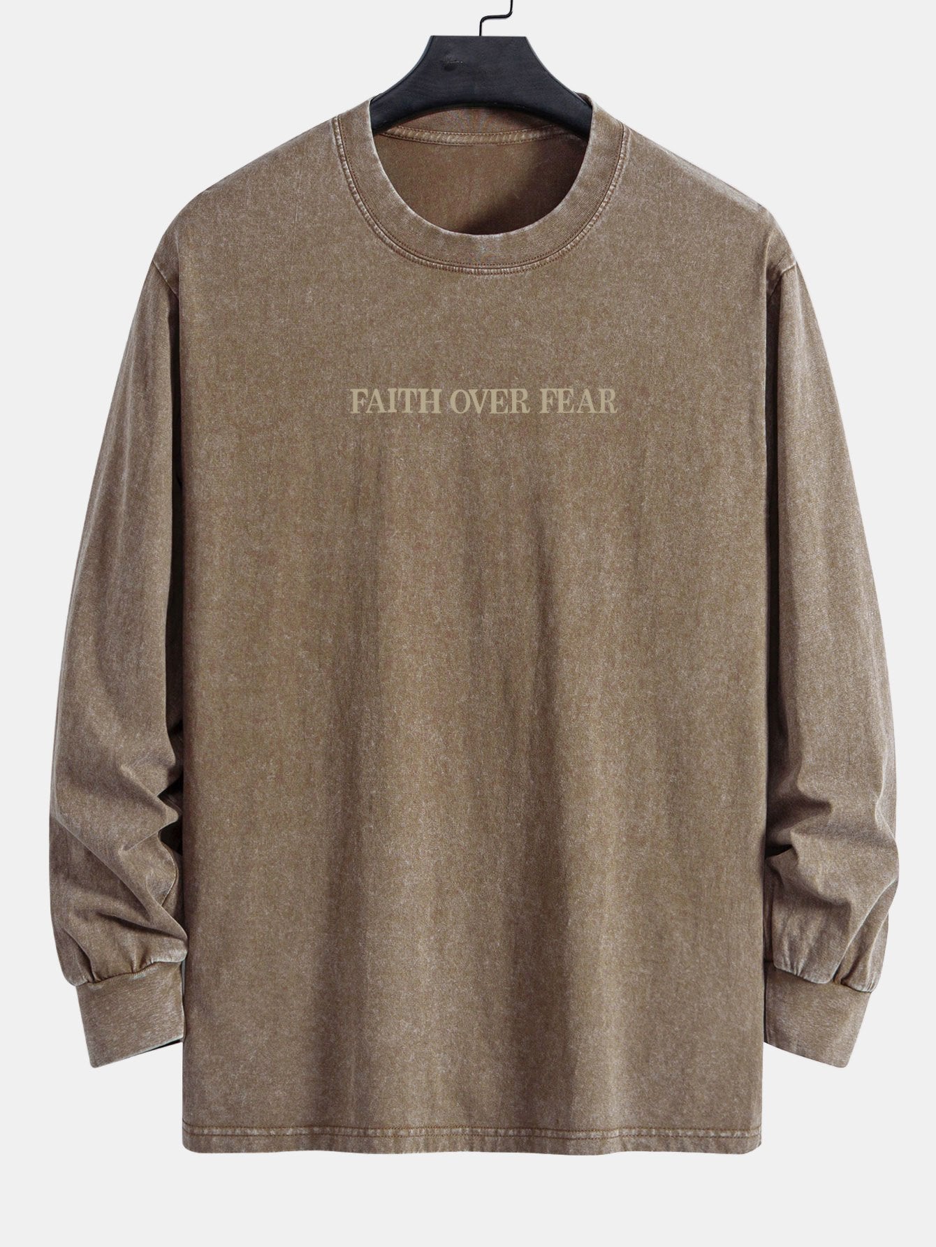 Faith Over Fear Print Relax Fit Long Sleeve Washed Distressed T-Shirt