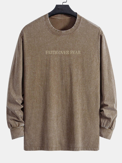 Faith Over Fear Print Relax Fit Long Sleeve Washed Distressed T-Shirt