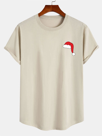 Santa Hat Print Cotton Arc Hem T-Shirt