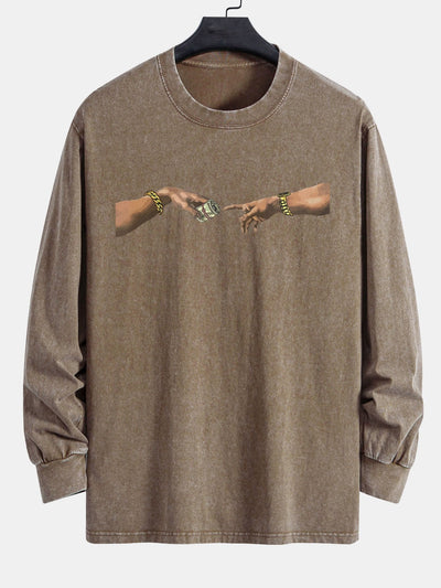 Dollar Hand Print Relax Fit Long Sleeve Washed Distressed T-Shirt