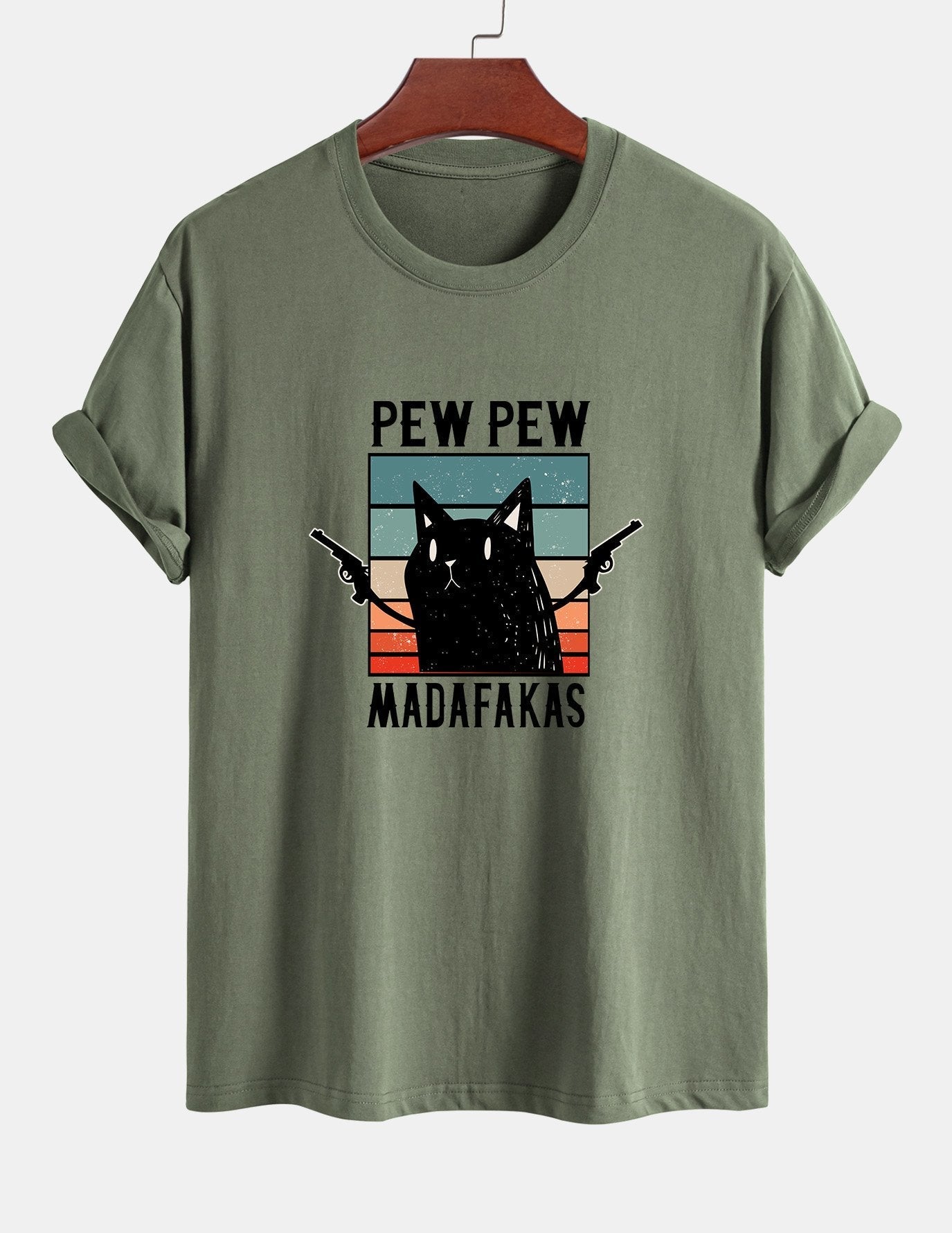 Regular Fit PEW PEW MADAFAKAS Black Cat Print Cotton T-Shirt