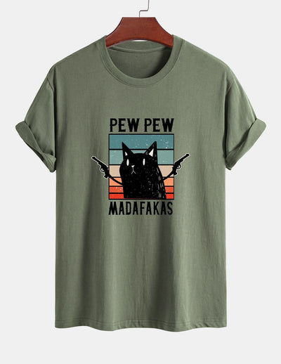 Regular Fit PEW PEW MADAFAKAS Black Cat Print Cotton T-Shirt