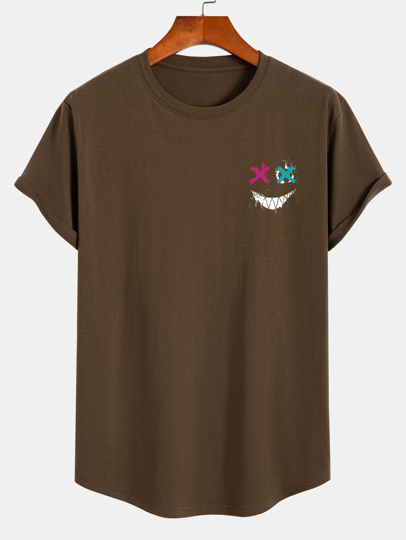 Evil Face Print Cotton Arc Hem T-Shirt