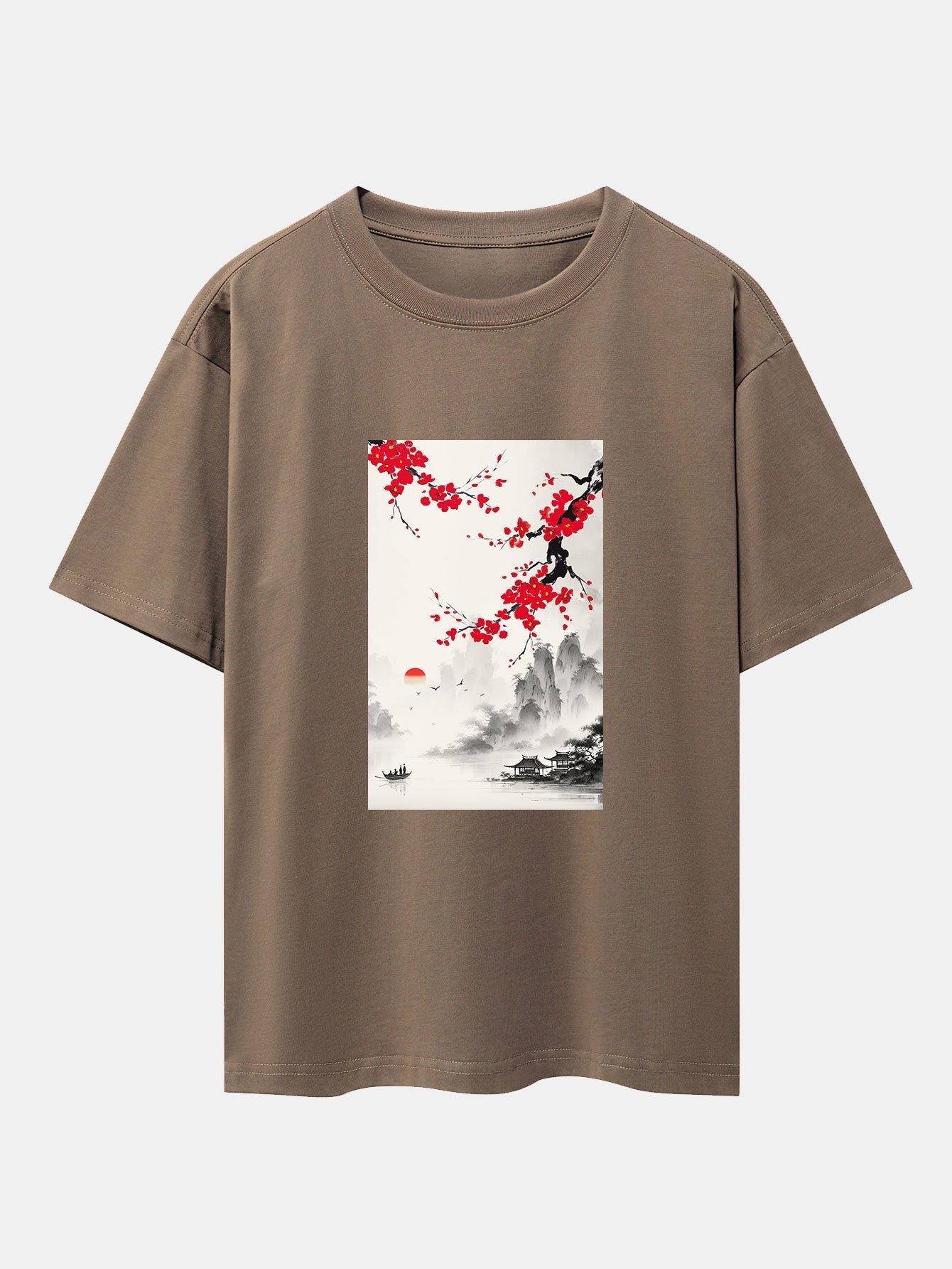 Flower Ink Landscape Print Drop Shoulder Oversize T-Shirt