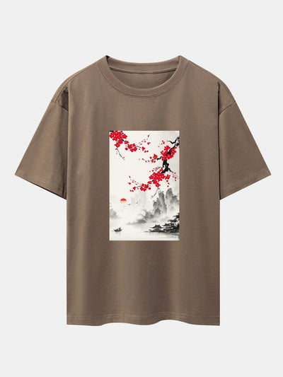 Flower Ink Landscape Print Drop Shoulder Oversize T-Shirt