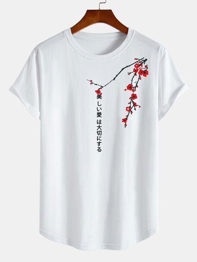 Slogan Floral Print Cotton Arc Hem T-Shirt