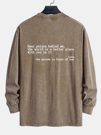 Slogan Print Relax Fit Long Sleeve Washed Distressed T-Shirt