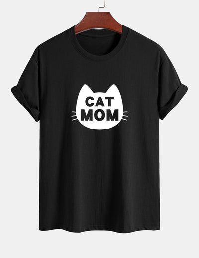 Regular Fit Cat Mom Print Cotton T-Shirt