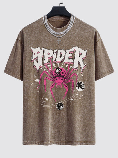 Spider Print Washed Drop Shoulder Oversize T-Shirt