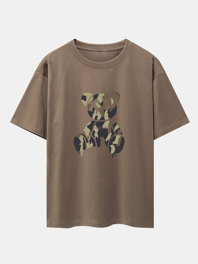 Camouflage Dissolving Bear Print Drop Shoulder Oversize T-Shirt