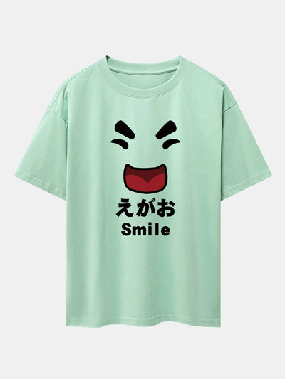 Smiley Face Print Drop Shoulder Oversize T-Shirt